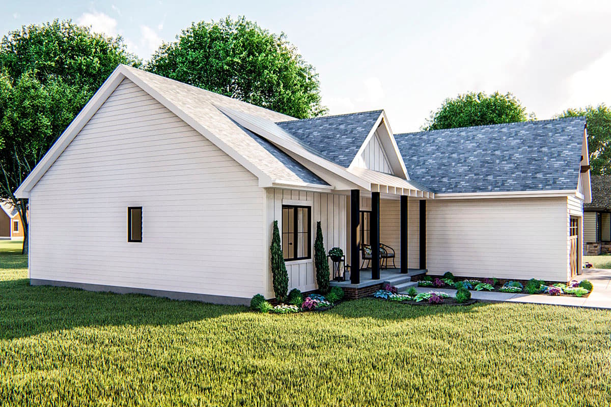 Modern Farmhouse house plan exterior with gabled roof, covered porch with dark posts, and attached garage.