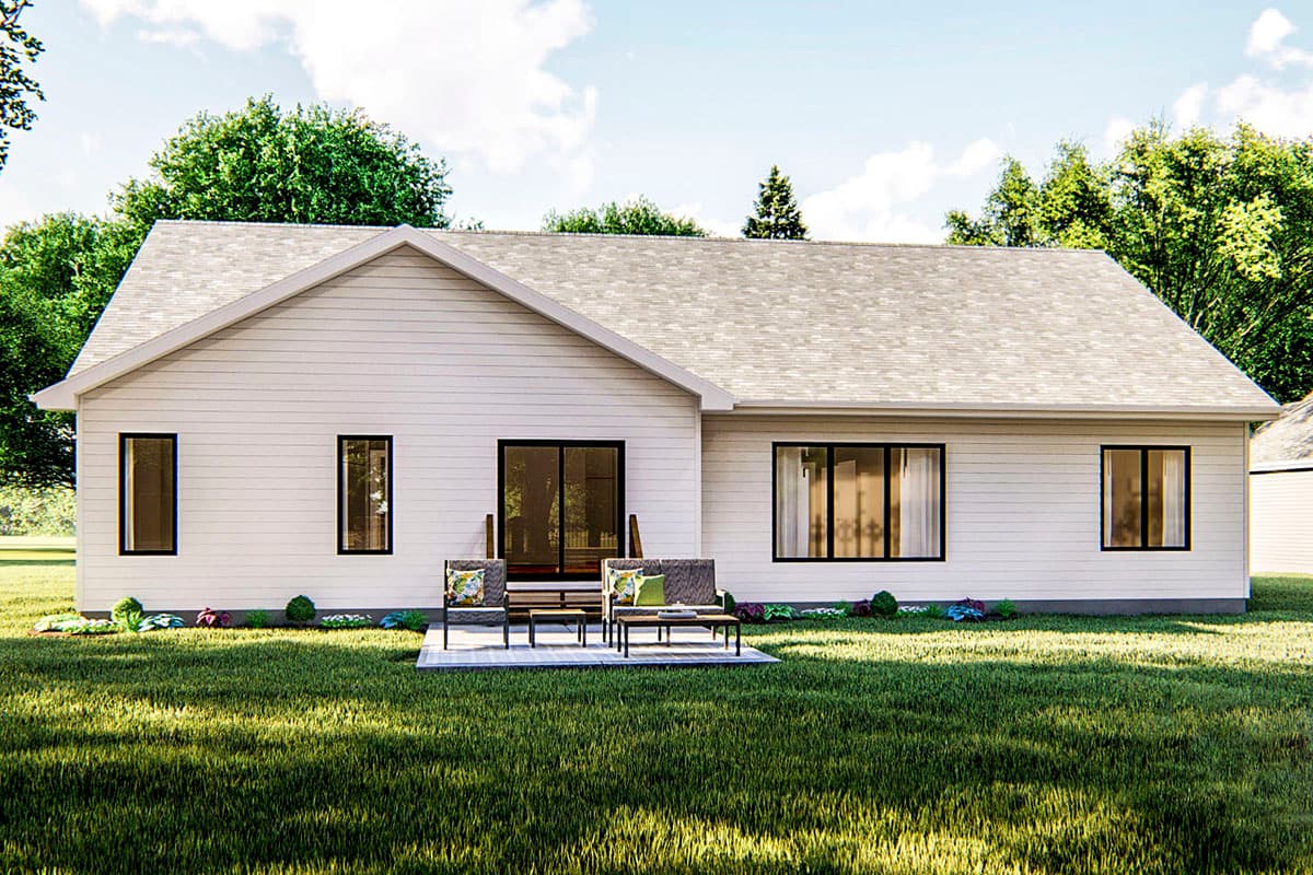 House plan exterior of a one-story Modern Farmhouse with horizontal siding, gable roof, and sliding glass doors.