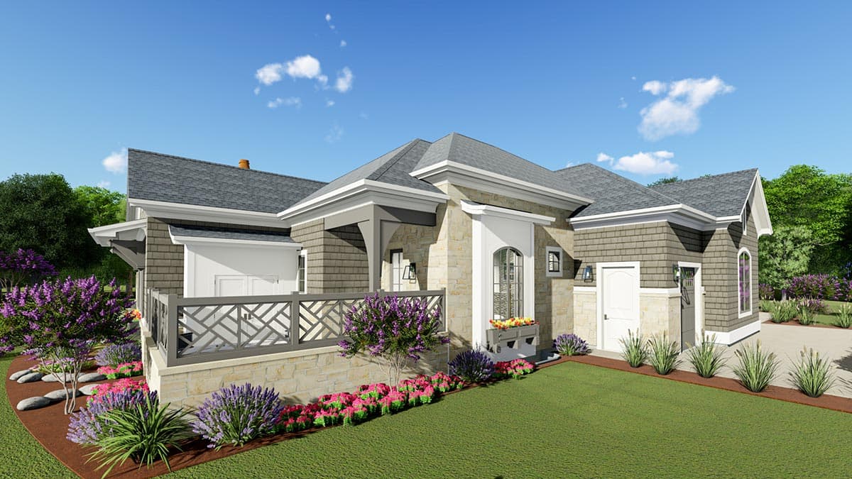 House plan exterior: One-story home with stone and shingle siding, gabled roof, covered porch with decorative railing, and arched window.