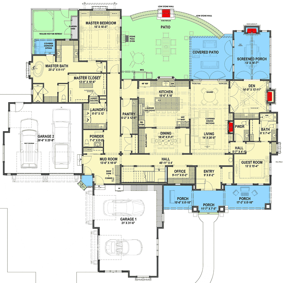 Plan 64476SC: Beautiful One-level Home with Option to Finish Lower Level - Floor Plan - Main Level - Craftsman, Shingle