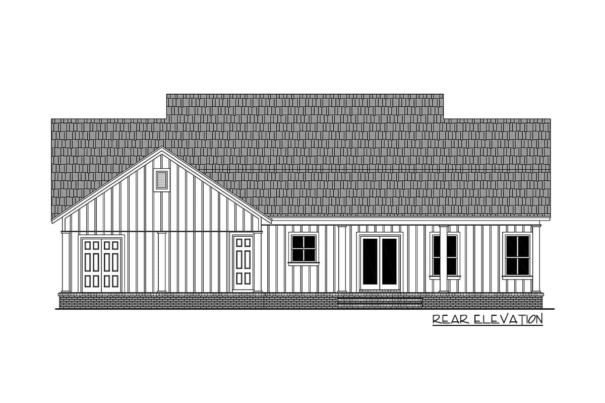 Rear elevation of a house plan showing board and batten siding, a prominent gable with a dormer, and multiple windows and doors.