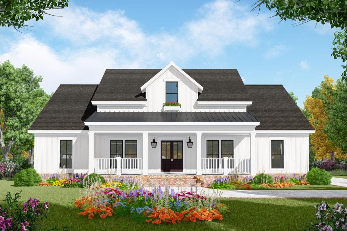 Modern Farmhouse house plan exterior with a front porch, dormer, and gables. Features a black metal roof and board-and-batten siding.