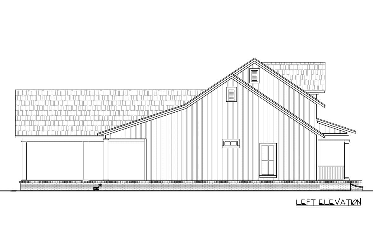 Left elevation drawing of a house plan with a prominent gable, dormer, and wrap-around porch.