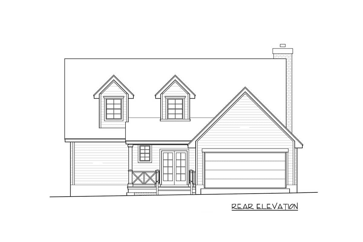 Rear elevation of a house plan showing two dormers, a pitched gable, a side-entry garage, and a small front porch.