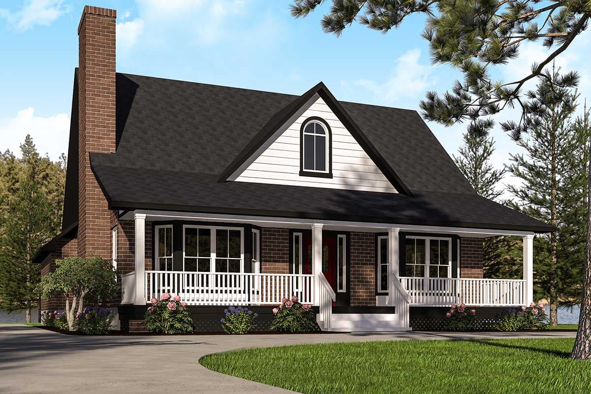 House plan exterior. One-story Cottage style with a front porch, gabled roof, and brick chimney.