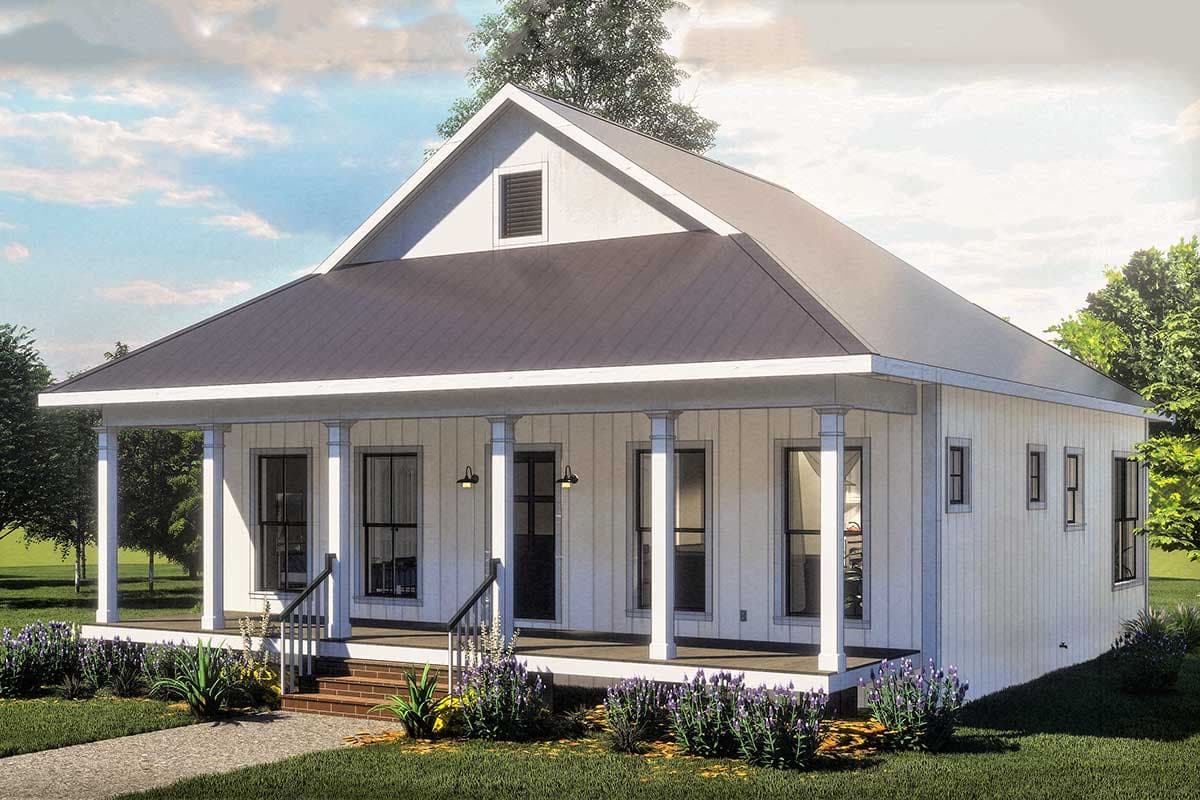 Modern Farmhouse house plan exterior, one story, with wraparound porch, metal roof, and gabled dormer.