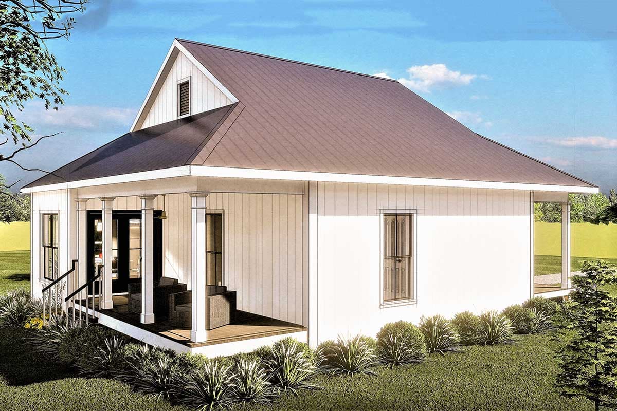 House plan exterior: One-story dwelling with a gabled roof, covered front porch with four columns, and vertical siding.