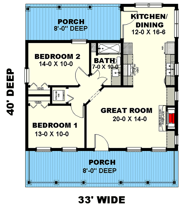Plan 25012DH: 2-Bed Cottage with 8'-Deep Porches - 890 Sq Ft - Floor Plan - Main Level - Cabin, Cottage, Country, Rustic, Southern