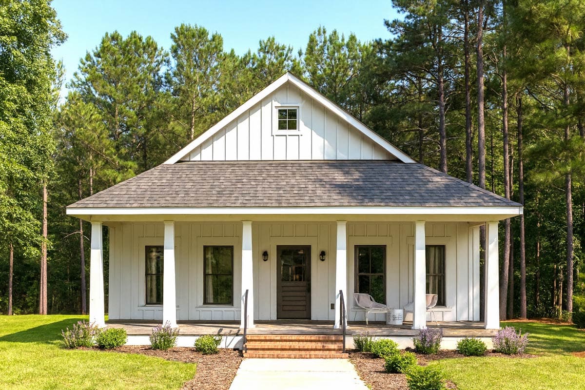 House plan exterior. One-story farmhouse with a front porch supported by columns, a gable roof, and a small attic window.