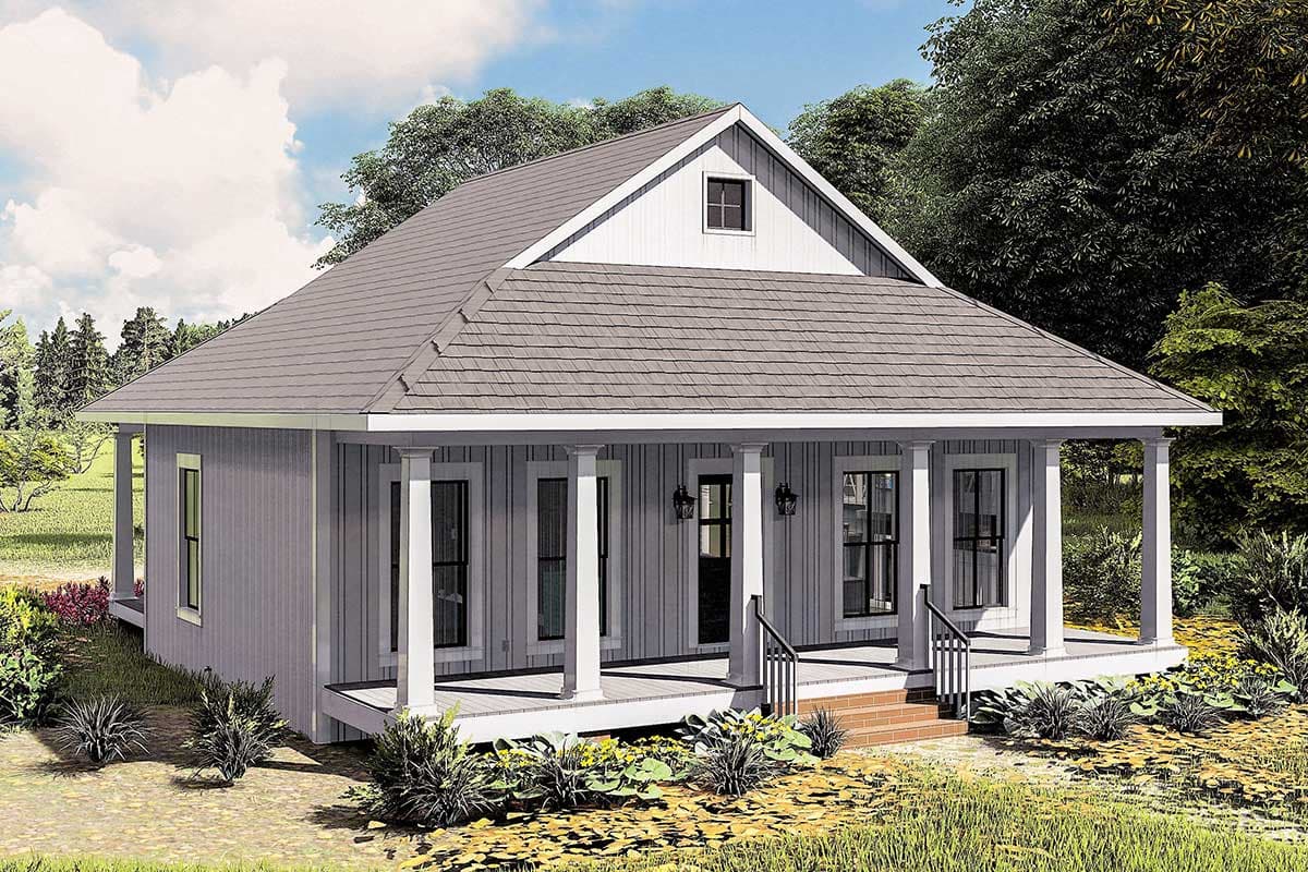 House plan exterior: One-story cottage with a covered porch supported by square columns, gable end with dormer window.