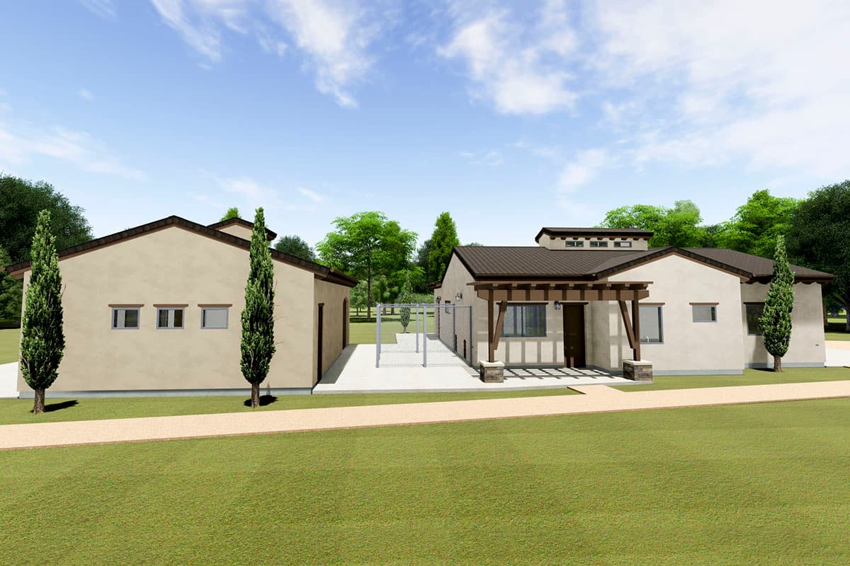 House plan exterior: single-story dwelling with stucco walls, a tiled hip roof, covered entry with timber supports, and multiple gables.