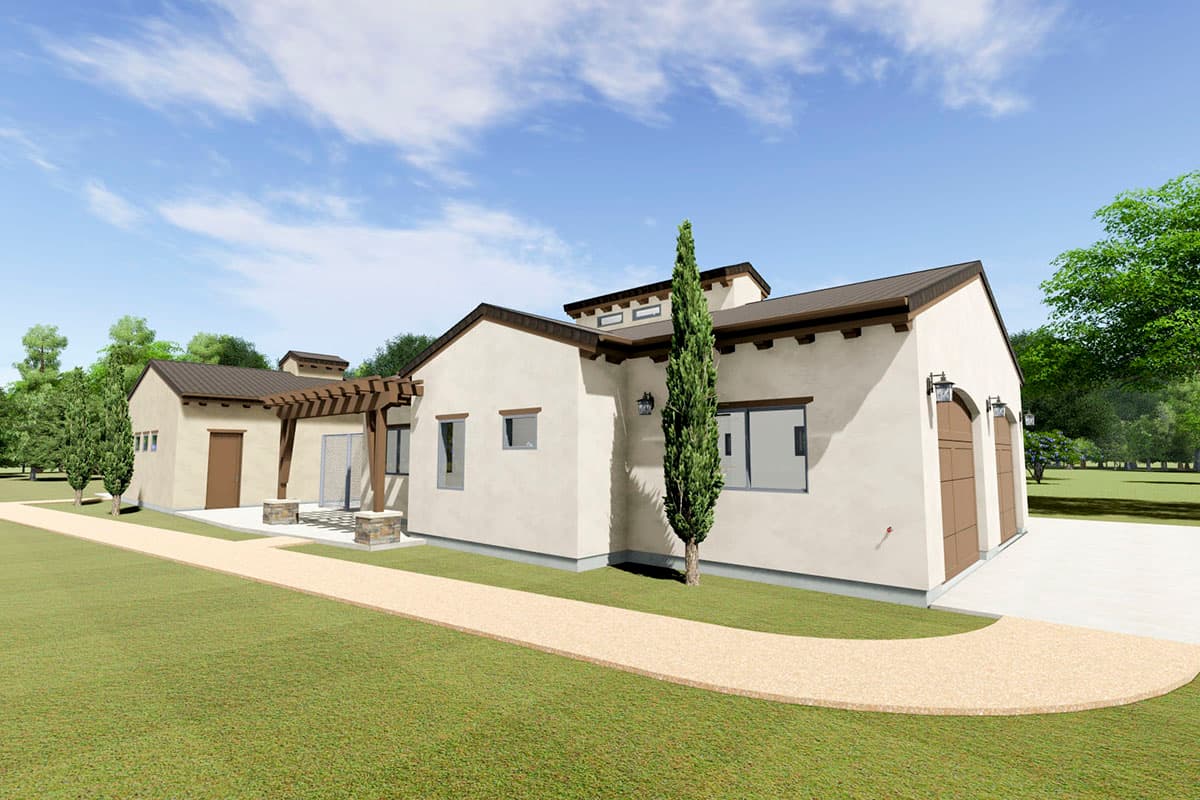 House plan exterior: Single-story Spanish style with stucco walls, tiled roof, arched garage doors, and a wooden pergola.