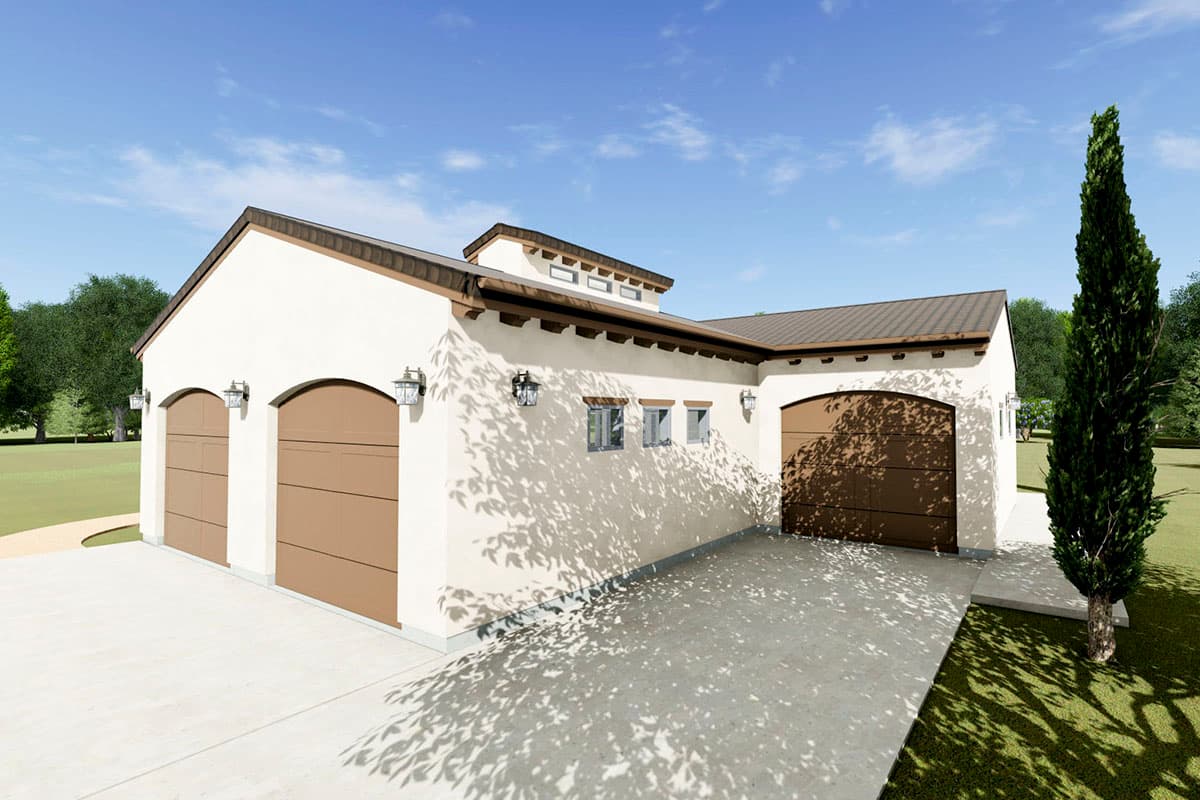 House plan exterior: one-story, stucco finish, multi-bay garage with arched doors and a hipped roof.