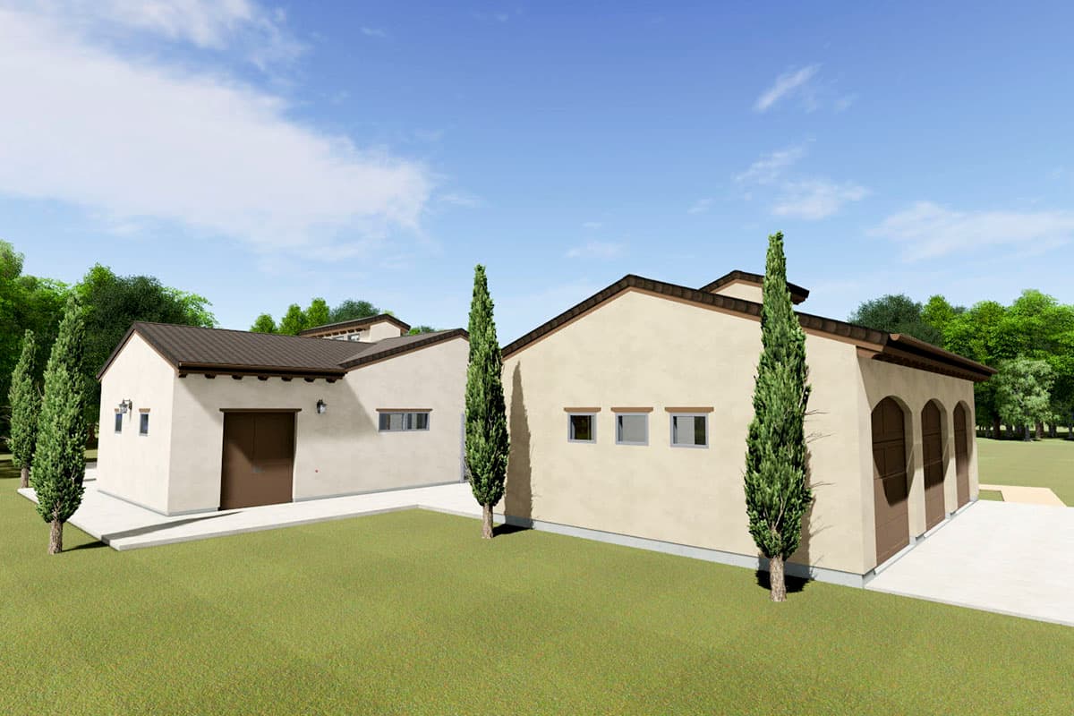 House plan exterior rendering: single-story building with stucco walls, tile roof, three arched garage doors, and symmetrical window placement.