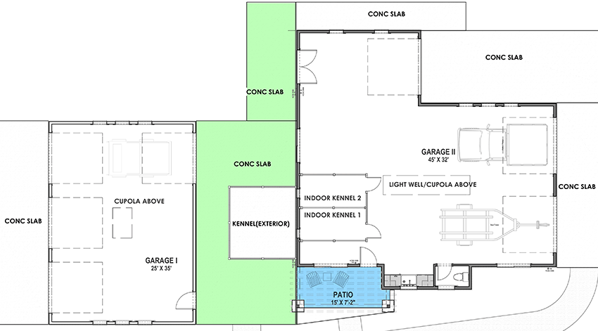 Plan 64481SC: 5-Car Garage with Indoor / Outdoor Kennel - Floor Plan - Main Level - European, Mediterranean, Southwest, Spanish, Tuscan