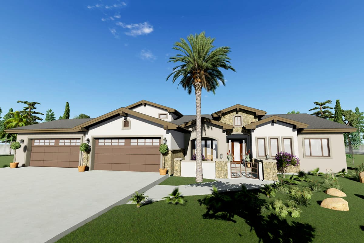 House plan exterior: Ranch style, one story, with a three-car garage, gabled rooflines, and stone accents.