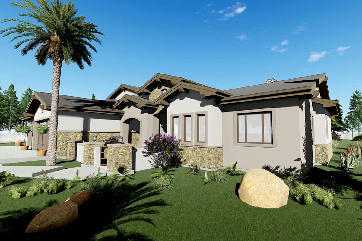 House plan exterior: One-story Modern Mediterranean style with stone accents, covered entry, gabled rooflines and three-car garage.