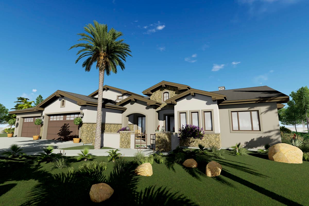 House plan exterior: Ranch style with a three-car garage, stone accents, gable rooflines, and a covered entry.
