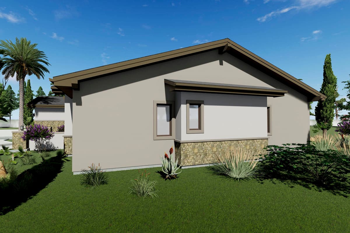 House plan exterior, single-story modern design with stone wainscoting, deep eaves, and large windows.