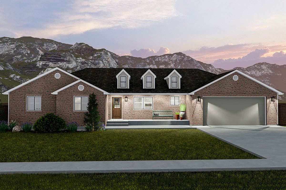 House plan exterior with brick facade, gable roof, dormers, and attached garage. Single-story, with a porch and entry door with sidelights.