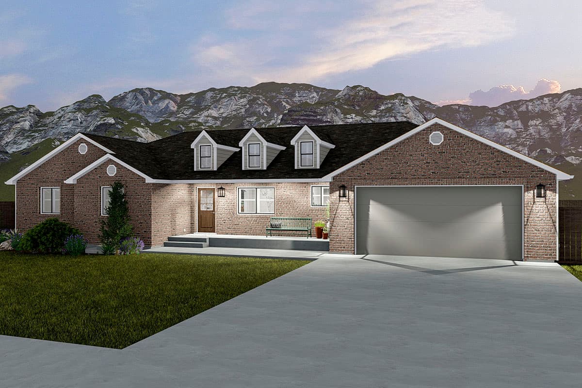 House plan exterior: Brick ranch with a three-car garage, wide front porch, three dormers, and gabled ends.