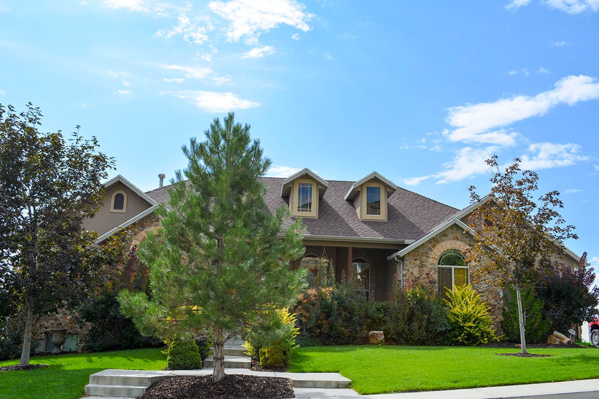 House plan exterior: two-story home with multiple gables, dormers, stone accents, and arched windows.