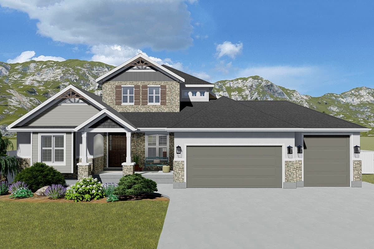 House plan exterior featuring Craftsman elements with a stone facade, gabled roof, and two-car garage. Porch with columns and decorative trim.