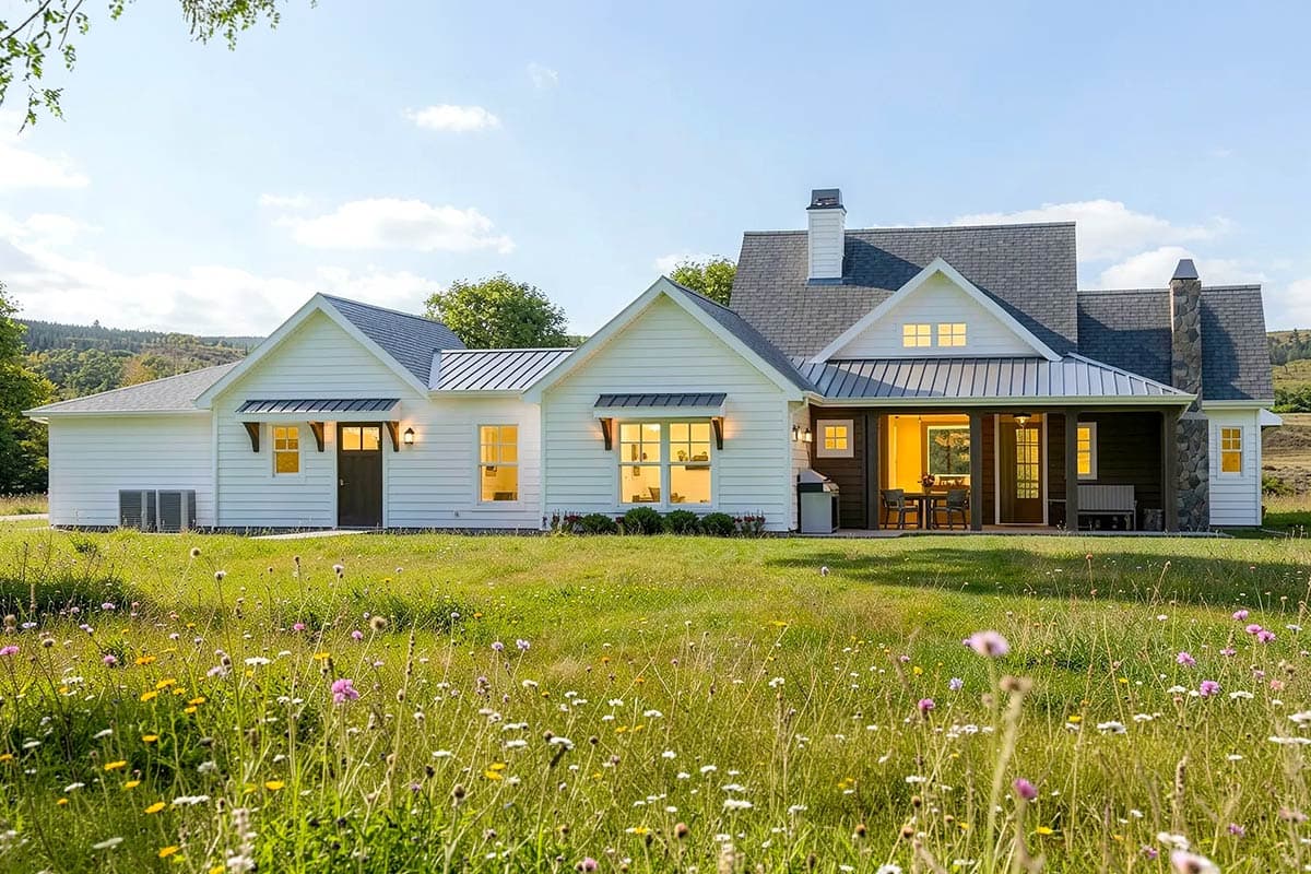 Modern Farmhouse house plan exterior with white siding, metal roof, gables, dormers, and stone chimney.