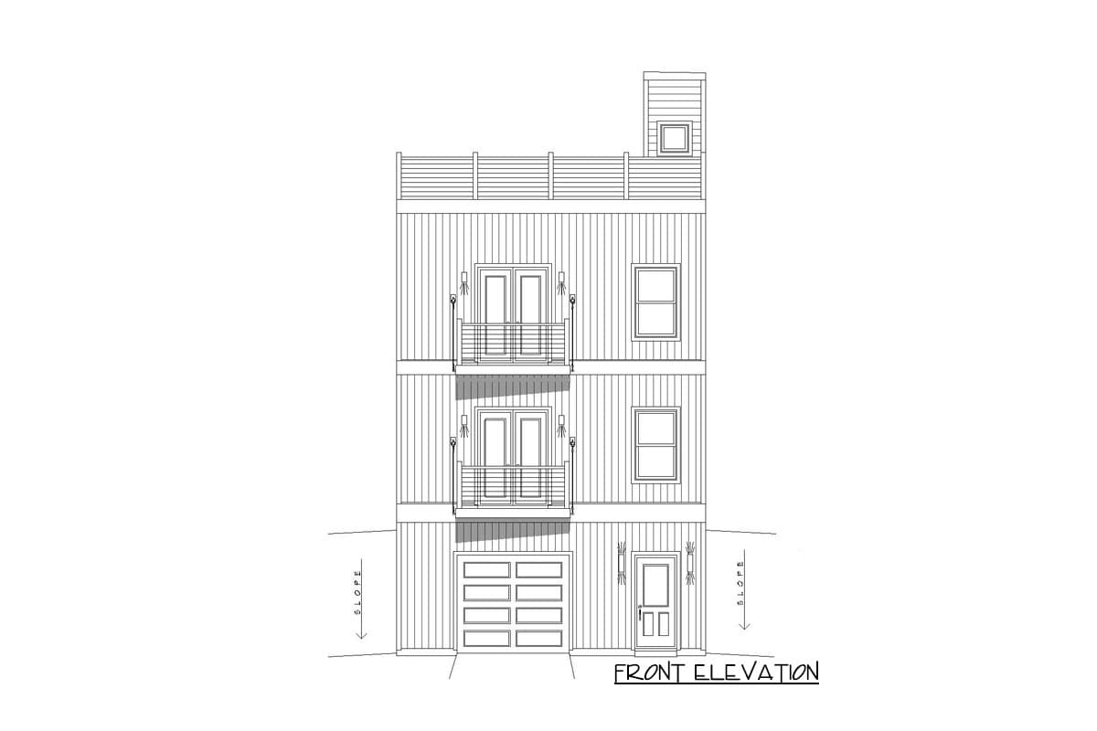 Front elevation drawing of a three-story house plan with a garage, two balconies, and a rooftop deck.