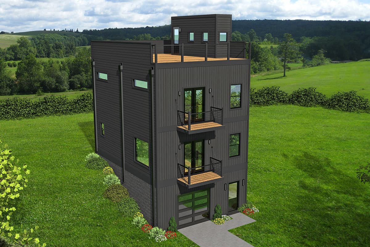 House plan exterior. Modern style, multi-story home with balconies, flat roof, and garage. The exterior features dark siding and a rooftop deck.