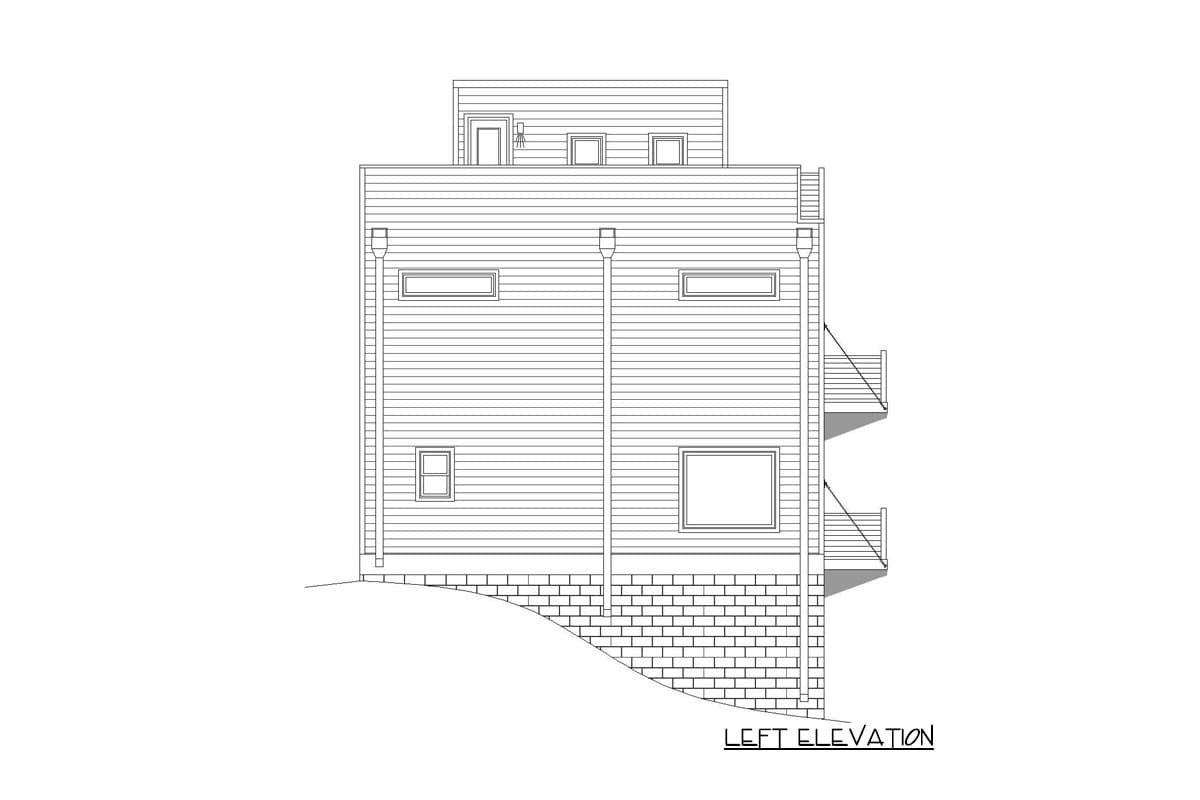 Left elevation house plan with horizontal siding, brick foundation, multiple windows, and two cantilevered balconies.