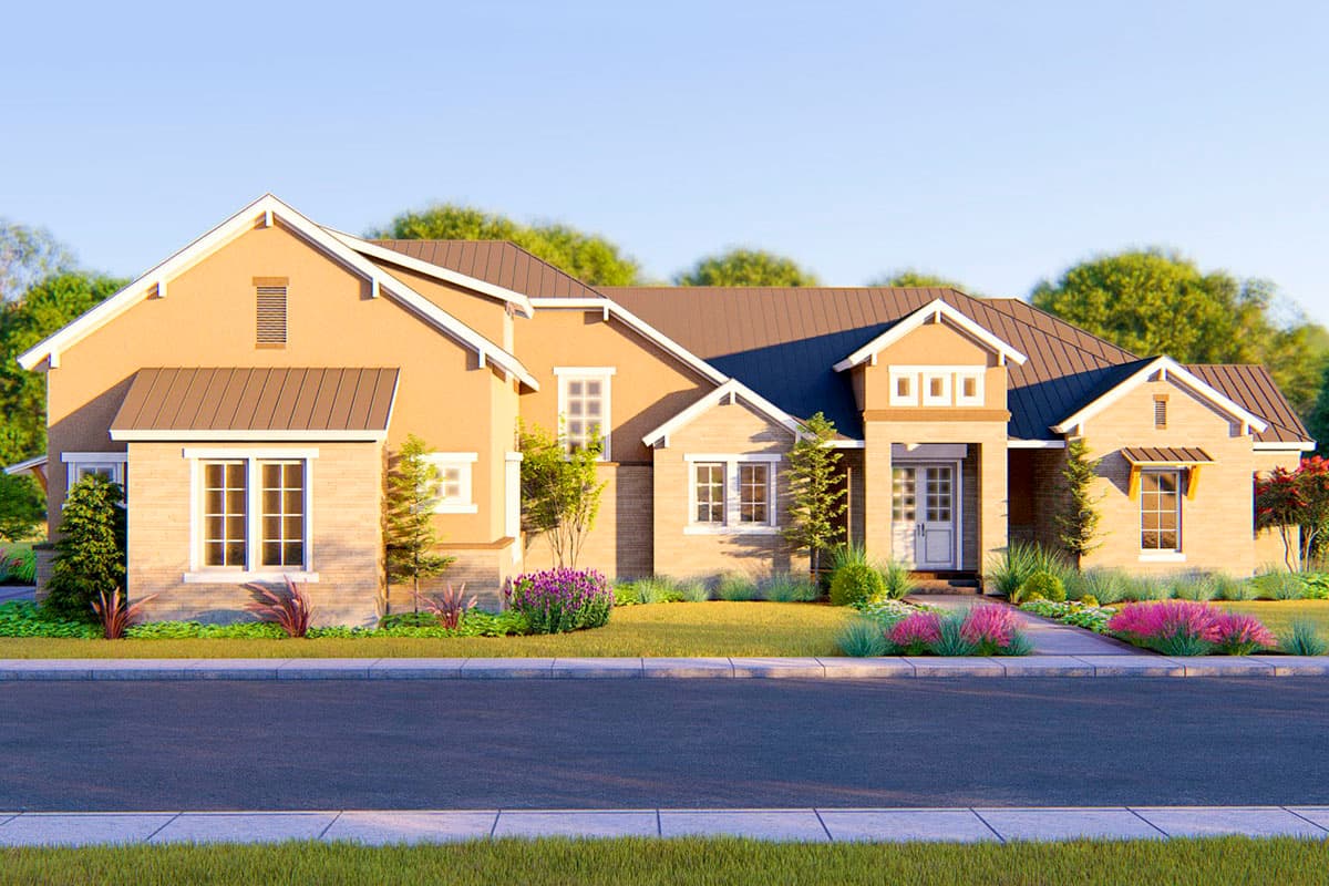 House plan exterior with stucco facade. Features include multiple gables, a covered entry, and various dormers. The home appears to be one story.