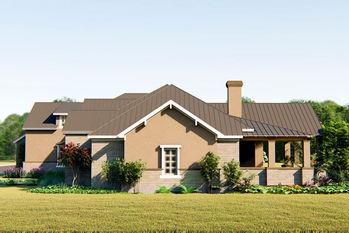 House plan exterior, one-story Modern Farmhouse with gabled roof, brick and stucco exterior, prominent chimney, and covered porch.