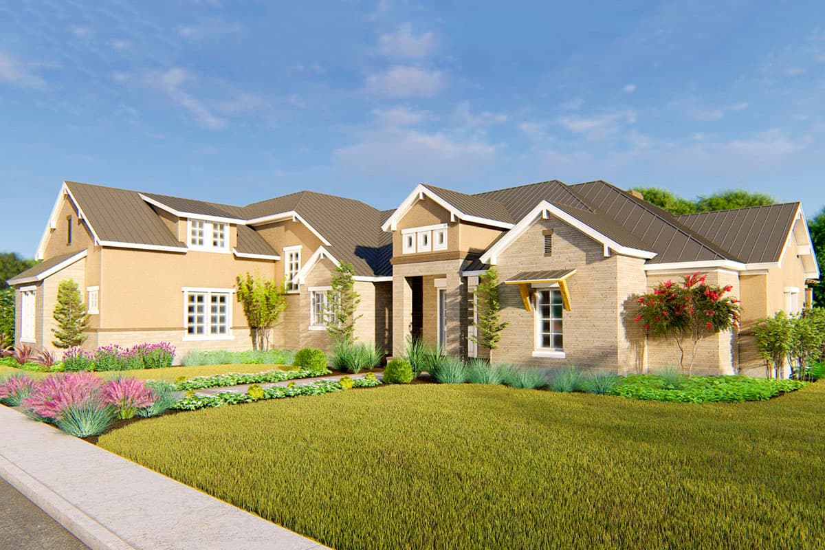 House plan exterior: Modern Farmhouse style, two stories, metal roof, prominent gables, textured stucco and brick.