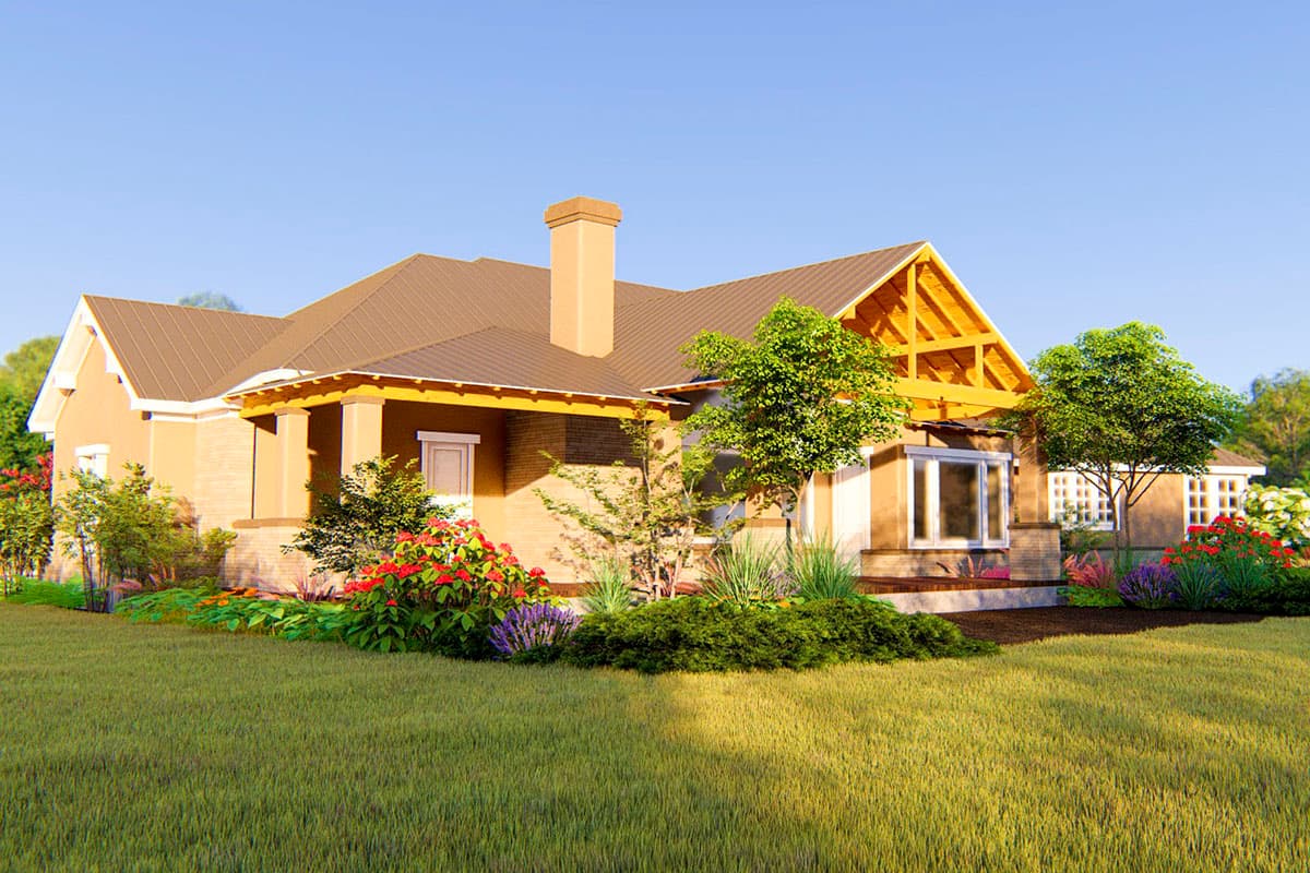 Craftsman style house plan exterior, one story, with covered front porch, prominent chimney, and exposed rafter tails.