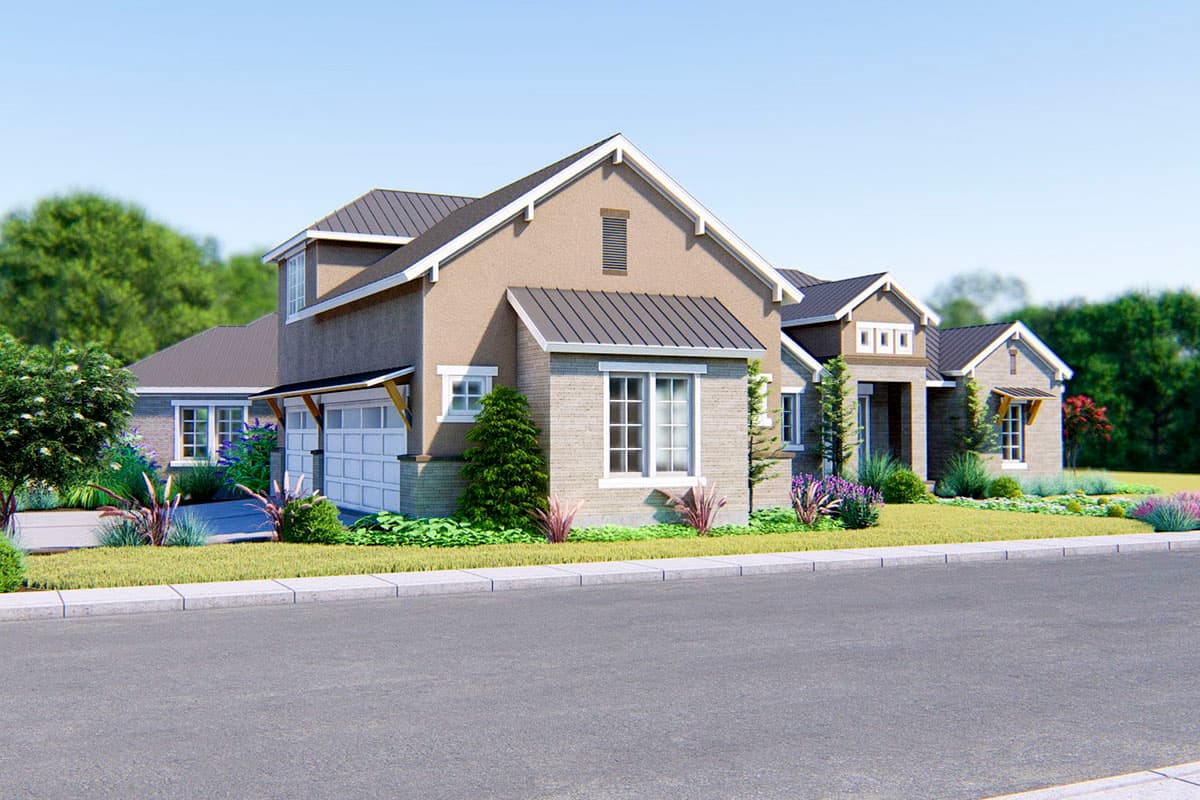 House plan exterior: Two-story modern home with brick and stucco, gabled roof, dormer, and attached garage.