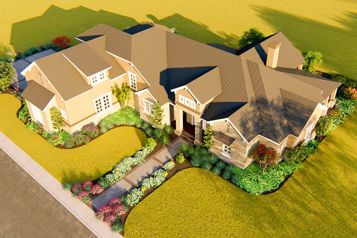 House plan exterior, two-story residence with multiple gables, dormers, and a prominent entryway.