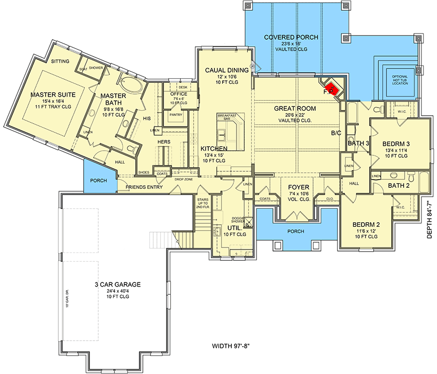 Plan 54020LK: Fresh 4-Bed House Plan with Vaulted Ceiling in Great Room - Floor Plan - Main Level - European, Hill Country