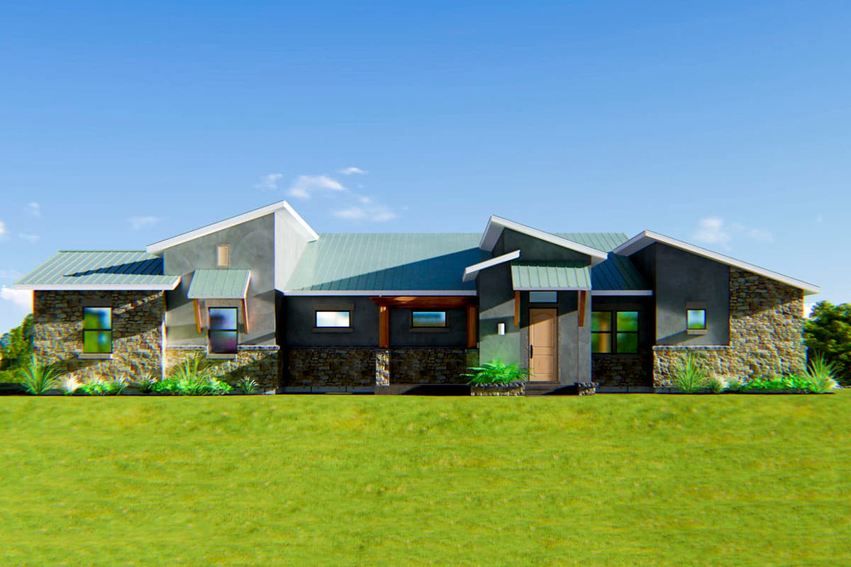 House plan exterior. One-story Ranch style home with stone accents, shed roof, covered entry, and various gables. Metal roof.