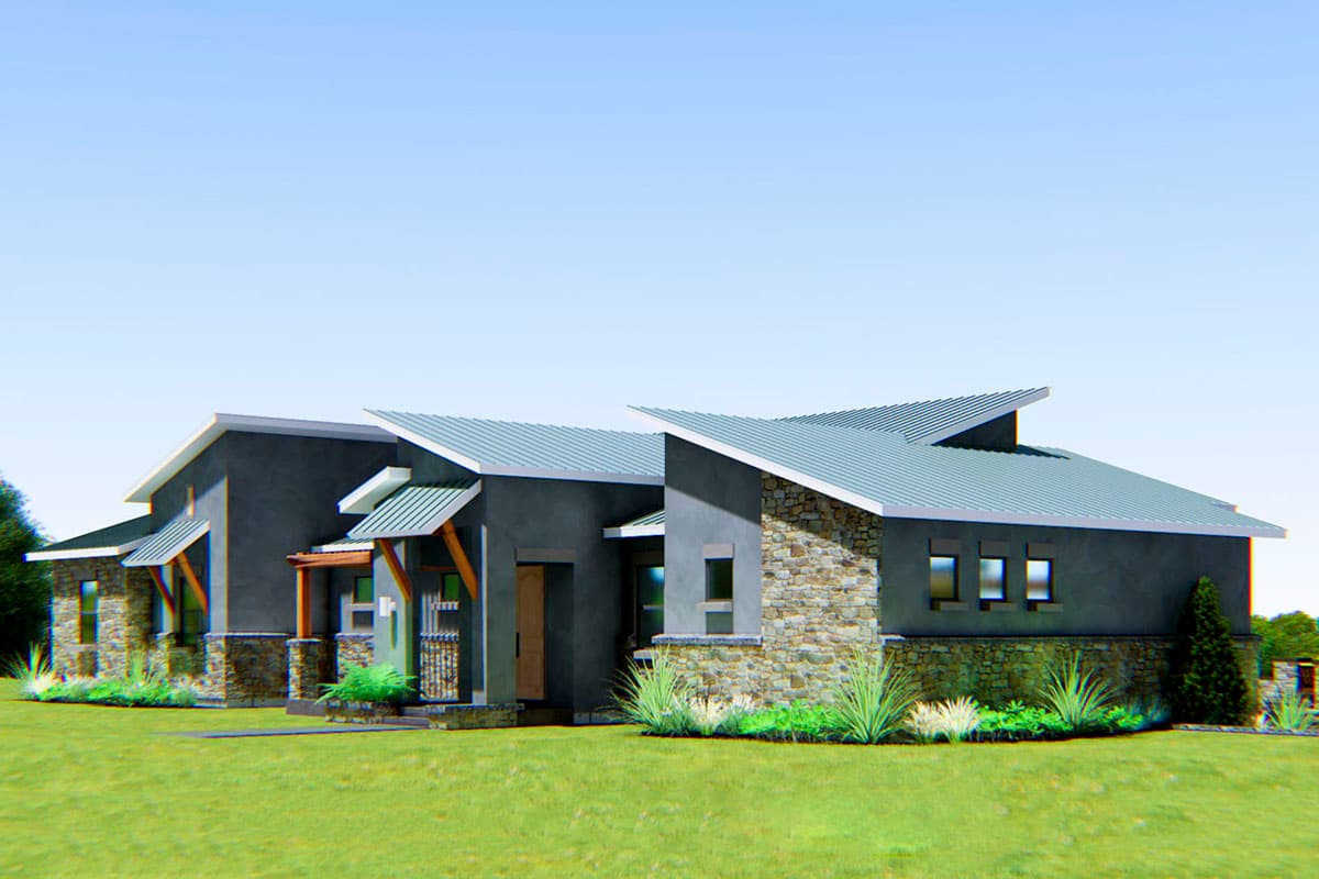 House plan exterior rendering of a modern home with a stucco and stone facade, asymmetrical rooflines, and a covered entryway.