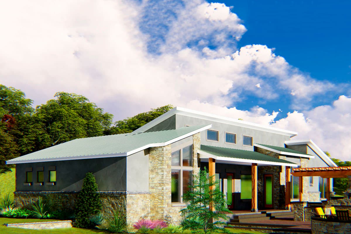 House plan exterior rendering: Modern style with stone accents, prominent gables, metal roof, and covered porch with wood columns.