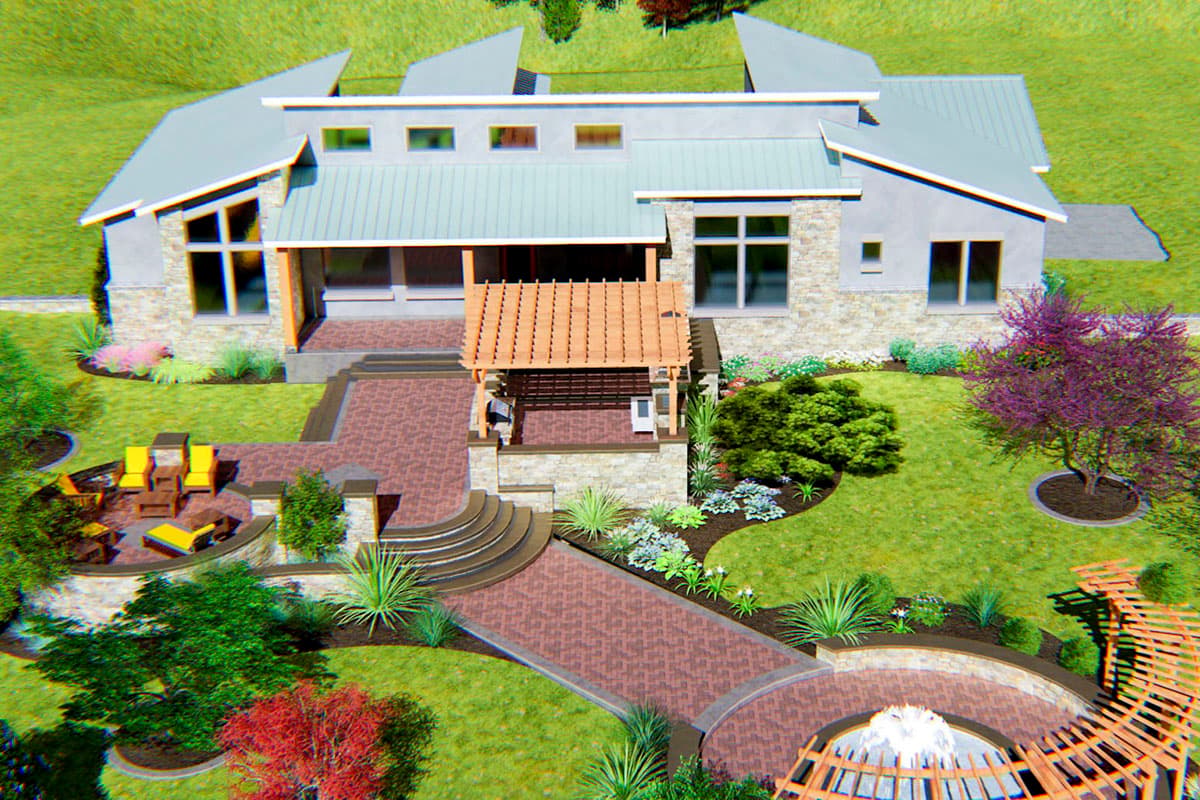 Modern house plan exterior with asymmetric gables, stone accents, covered entry, and multi-level patios.