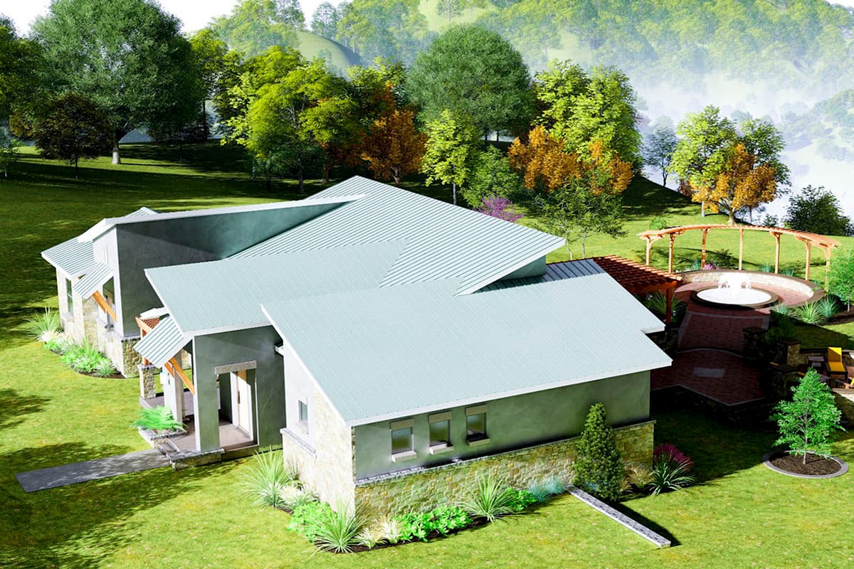 House plan exterior: Modern design with intersecting low-slope rooflines, stone base, exposed wood supports, and covered entry.