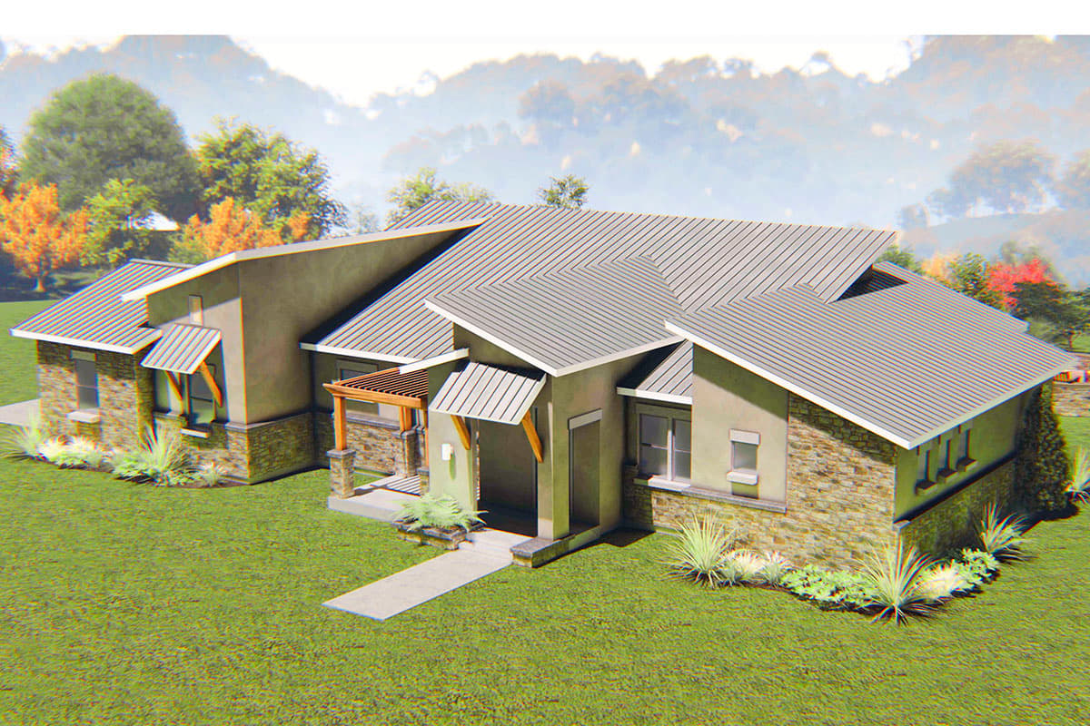 Modern house plan exterior with stone base, varied rooflines, and covered entry with wood pergola.