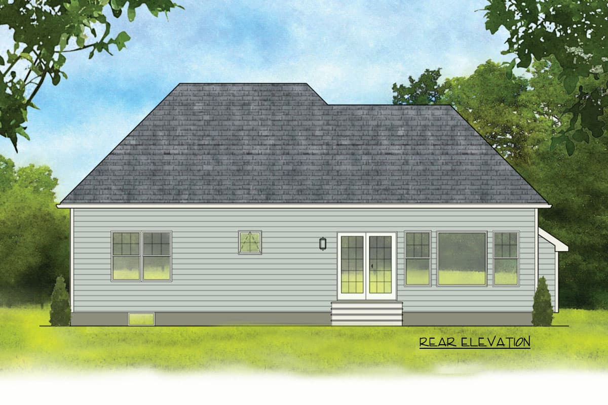Rear elevation house plan with a hip roof, double doors, and multiple windows.