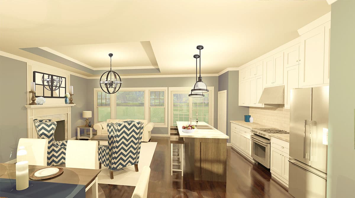 Open concept living area with kitchen island, fireplace, and large windows. House plan rendering.