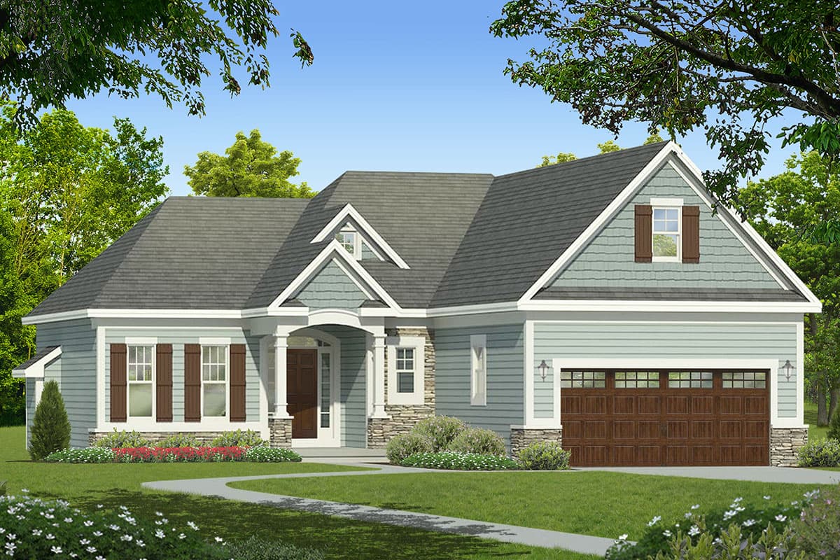 House plan exterior with Craftsman style. Features include a front porch, gables, and a two-car garage. One story home.