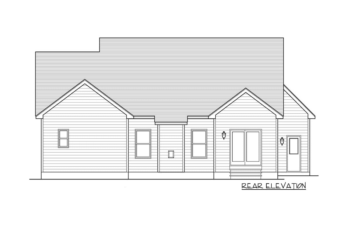 Rear elevation house plan showing a single-story structure with gabled rooflines, multiple windows, and a door.
