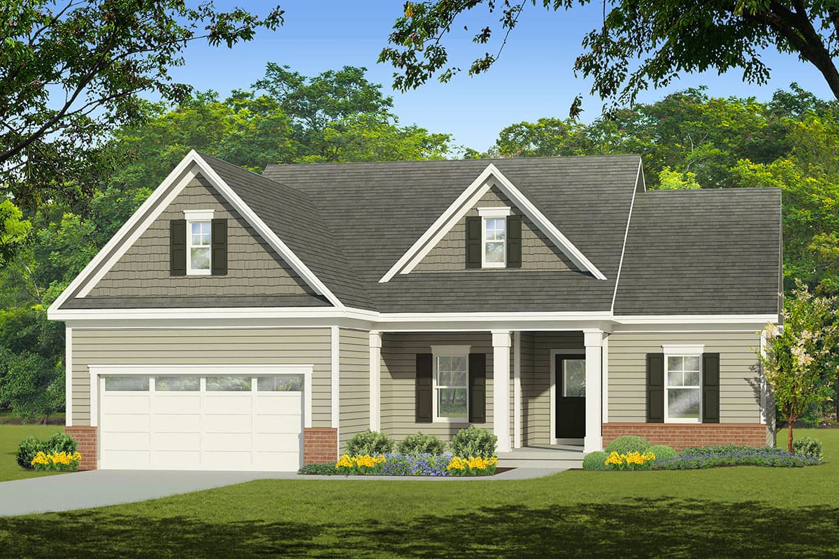 House plan exterior with Craftsman style, single story, gabled roof, front porch with columns, and attached garage.