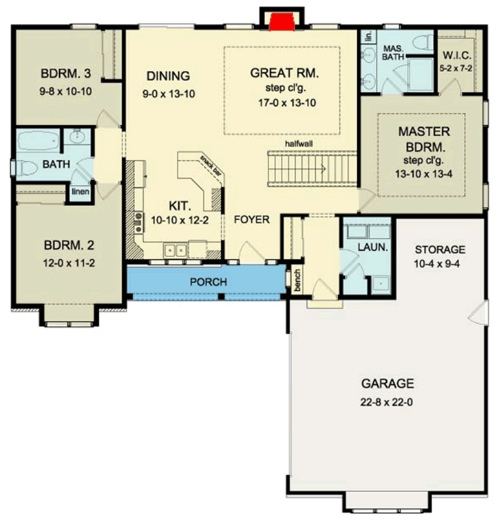 Plan 790091GLV: 3-Bed Traditional House Plan with Split Bedrooms - Floor Plan - Main Level - Ranch, Traditional